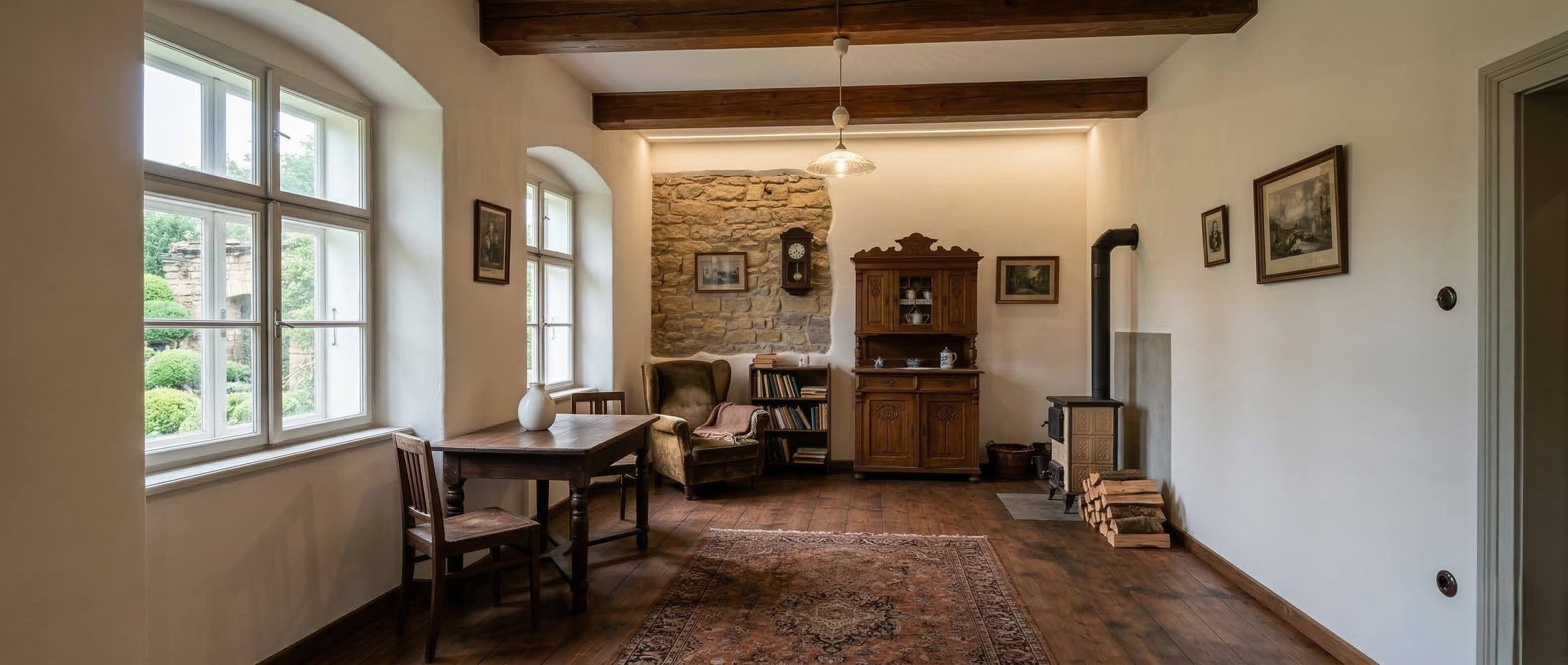 AI vizualizace světlé rustikální místnosti po úpravě