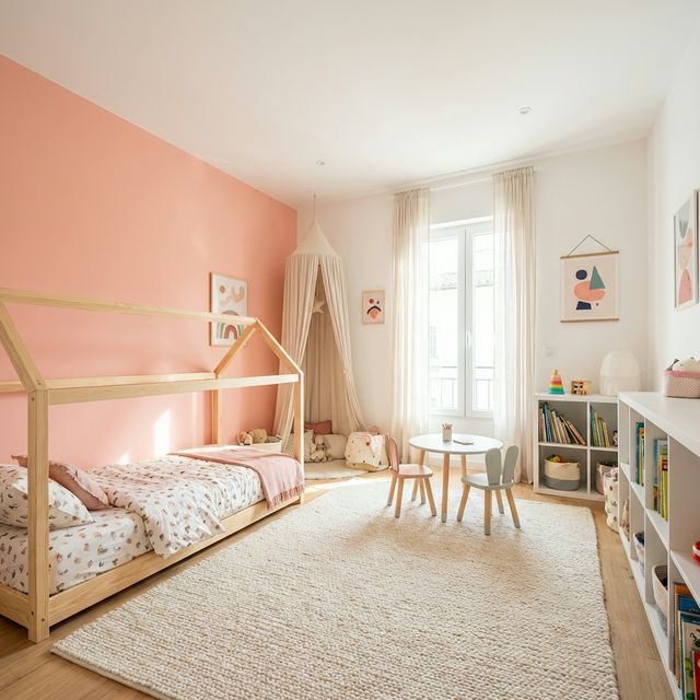 Dětský pokoj s korálově růžovou stěnou