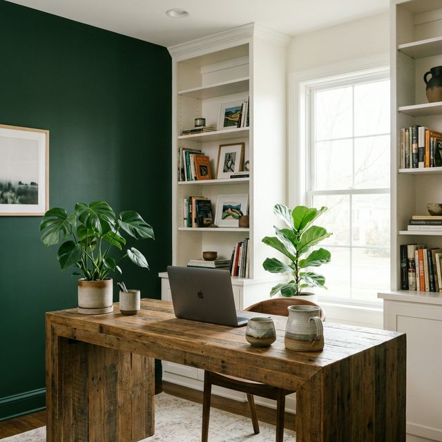 Pracovna s akcentovou stěnou v lesní zelené