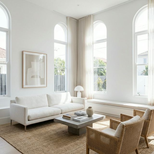 Bíle vymalovaný obývací pokoj s vysokými stropy